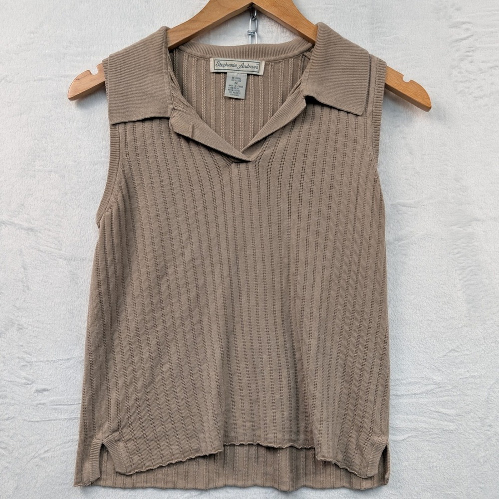 VTG Quiet Luxury Sweater Womens Medium Tan Silk Ribbed Polo Sleeveless Old Money